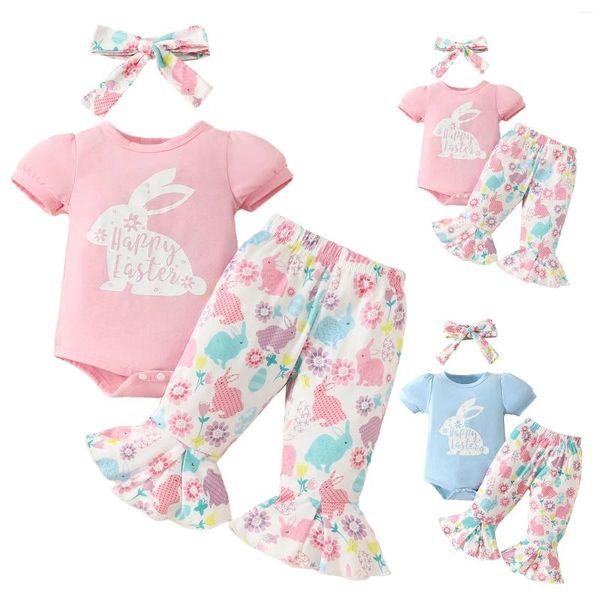 Ensembles de vêtements bébé fille smockée barboteuse mignon à manches courtes Triangle sweat à capuche imprimé complet pantalon évasé ensemble vêtements né long cadeau