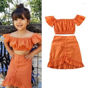 Conjuntos de ropa para niña, camiseta corta con hombros descubiertos, Tops, vestido, falda, traje, ropa de 1 a 6 años, moda sólida de verano