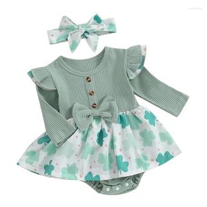 Kledingsets Lentekleding voor babymeisjes Ruches met lange mouwen Klaverprint Geribbelde romperjurk met hoofdband St Patrick S Day-outfit