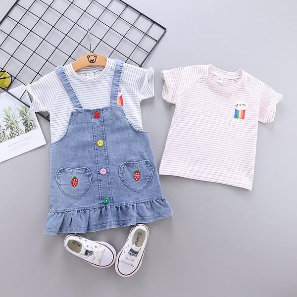 Ensembles de vêtements bébé fille costume été mignon coton à manches courtes jupe en jean 2 pièces ensemble rayé T-shirt sangle mode