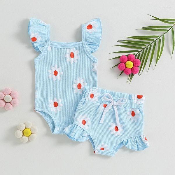 Conjuntos de ropa Bebé niña Moda de verano Mono floral Conjunto casual Estampado Volar Mamelucos sin mangas y pantalones cortos con volantes Traje