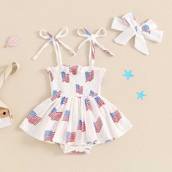Ensembles de vêtements Baby Girl Summer Suit pour le 4 juillet Drapeau de vêtements Print Sans manche robe et bandeau H240507