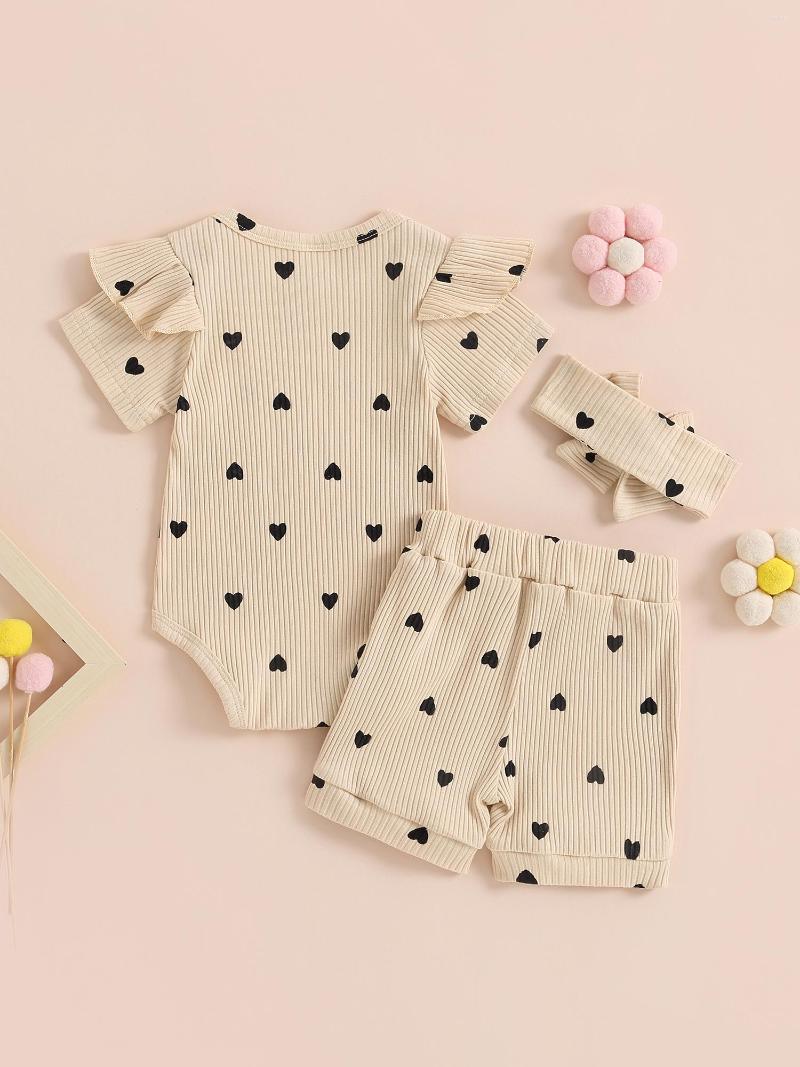 Clothing Sets Baby Girl Summer Outfit Heart Print Rib Knit Short Sleeve Romper Elastic Waist Shorts Headband 3Pcs Clothes Set (Apricot