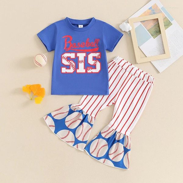 Sets de ropa Baby Girl Summer Outfits Carta de béisbol Estampado Camiseta de manga corta y pantalones de bengala a rayas elásticas Linda ropa de 2 piezas