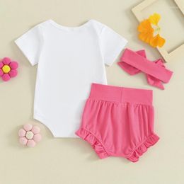 Kledingsets Baby Girl Summer Outfits Fuzzy Letter Borduurwerk met korte mouwen shorts Hoofdband 3 stks kledingset
