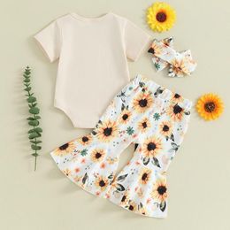 Ensembles de vêtements pour bébés filles, tenues d'été pour mamans, lettres imprimées, tricot côtelé, barboteuse à manches courtes, pantalon évasé léopard, bandeau