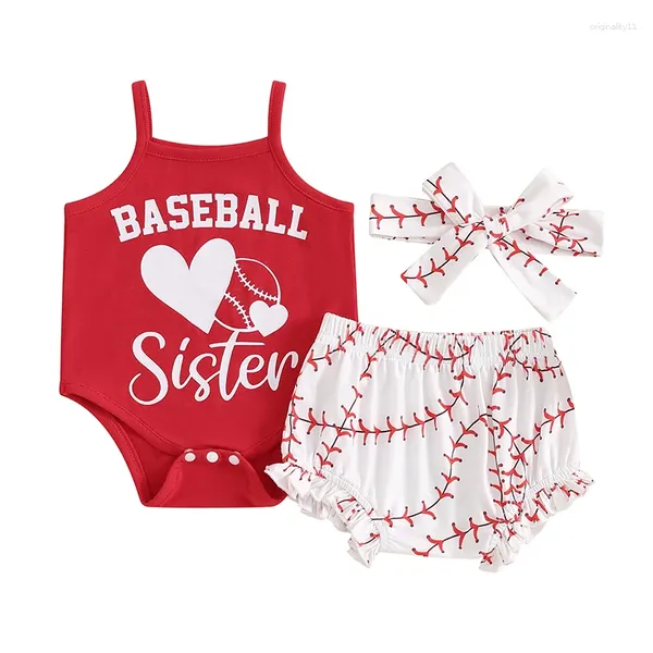 Sets de ropa Baby Girl Summer Set Letter Heart Print Manevels Singles Rompper con patrón de béisbol pantalones cortos con volantes y diadema 3 PCS Outfit