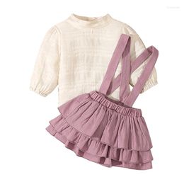 Ensembles de vêtements pour bébés filles, ensemble de shorts à bretelles, hauts à manches longues bouffantes, chemise à volants de couleur unie, vêtements d'été pour tout-petits