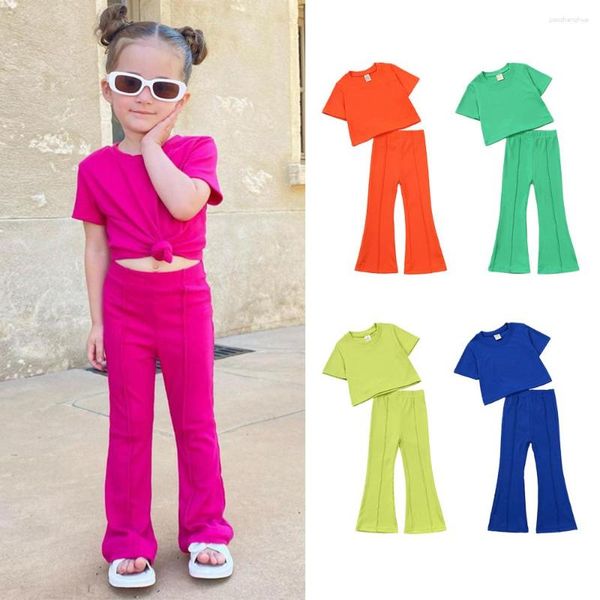 Ensembles de vêtements bébé fille doux ensemble vêtements pour enfants enfants solide été européen décontracté article de mode chagrin Cool hauts pantalons évasés