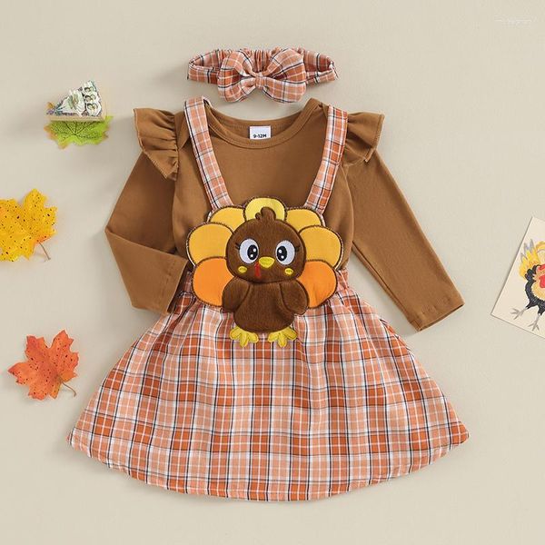 Conjuntos de ropa para niña, traje de Acción de Gracias, bordado de pavo, Top de Color sólido, vestido general a cuadros, ropa infantil de otoño