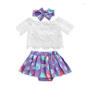 Ensembles de vêtements bébé fille trois pièces tenues infantile à manches courtes hauts en dentelle florale imprimé correspondant jupe à volants Short bandeau