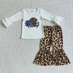 Ensembles de vêtements bébé fille enfant en bas âge jeu de balle à volants blanc manches longues football léopard cloche bas pantalon tenue en gros automne ensemble