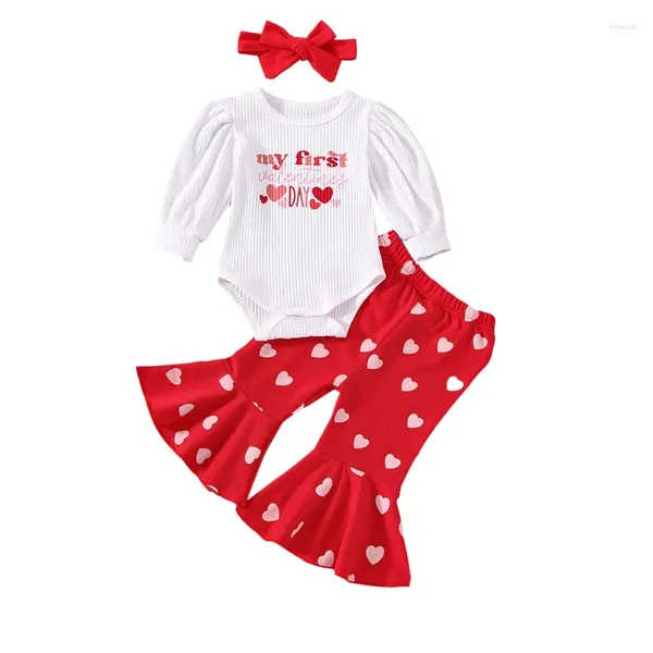 Sets de ropa Baby Girl Valentine Day Bottom atuendo de la letra Corazón estampado de la manga larga Bodysuit y flare pantalón Diadema de banda