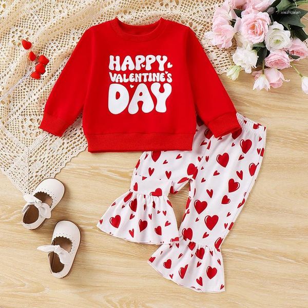 Sets de ropa Baby Girl Valentine's Day Carta Estampado de manga larga sudadera con patrón de corazón Pantalones de bengala Set 2 PCS