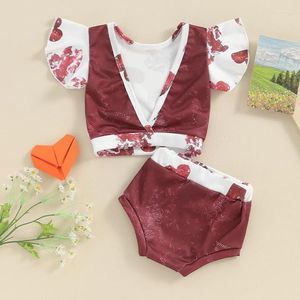 Conjuntos de ropa Bebé niña Día de San Valentín Traje Corazón Estampado Crop Top Sin respaldo Volantes Sin mangas Infantil Bloomer Shorts Ropa de verano