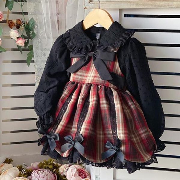 Ensembles de vêtements Baby Girl Vinatge Espagnol Lolita Chemise en dentelle mignonne Bow Plaid Strap Robe de bal Princesse Dess Fête d'anniversaire Deux pièces