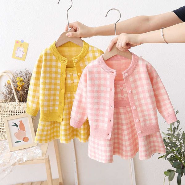 Ensembles de vêtements bébé fille vêtements d'hiver nouveau pull ensemble Plaid tricoté épais pull chaud jupe enfants printemps vêtements costume