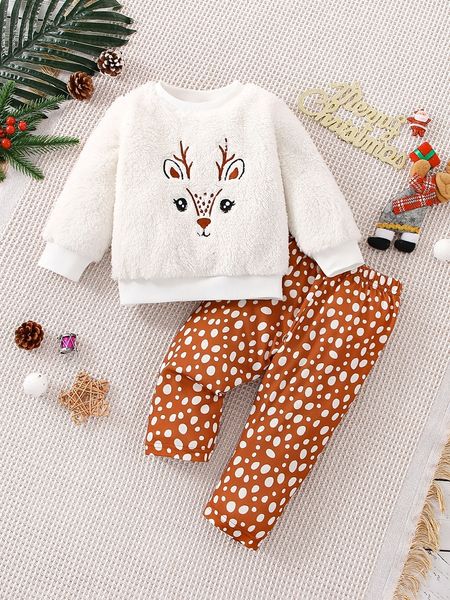 Conjuntos de ropa Baby Girl Invierno Cálido Grueso Dibujos animados Fawn Bordado Furry Top 2 Pantalones largos nacidos lindos y cómodos 230919