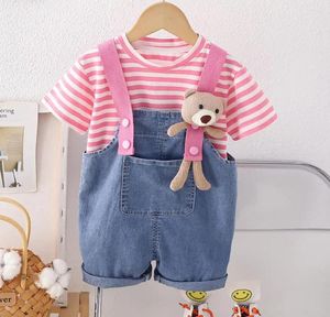 Kledingsets Babymeisjes 1e verjaardag Outfits Zomerset voor kinderkleding Striped t-shirt en denim overalls peuter baby