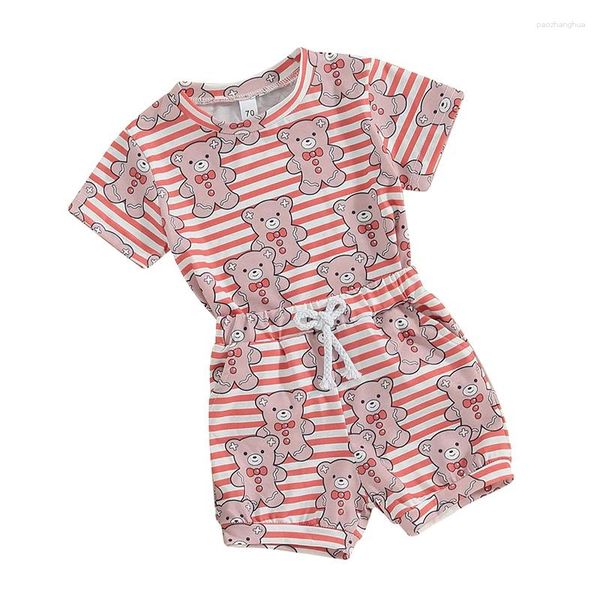 Ensembles de vêtements pour bébés filles, tenue 2 pièces, t-shirt à manches courtes et short élastique, imprimé à rayures d'ours, vêtements d'été mignons