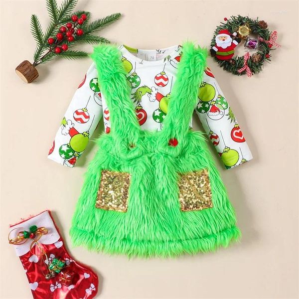 Ensembles de vêtements pour bébés filles 2 pièces tenues de Noël Imprimé à manches longues Romper et moquette en peluche jupe verte Vêtements de printemps d'automne