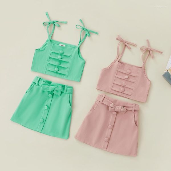 Conjuntos de ropa Baby Girls 2 piezas Trajes Botones de color sólido Pajarita Correas de tirantes Tops cortos Mini falda con cinturón de cintura Conjunto dulce de verano