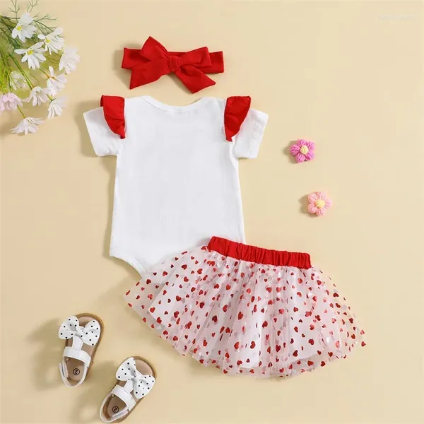 Ensembles de vêtements pour bébés filles, tenue 3 pièces, manches courtes, lettres imprimées, barboteuse avec jupe en tulle, bandeau, été