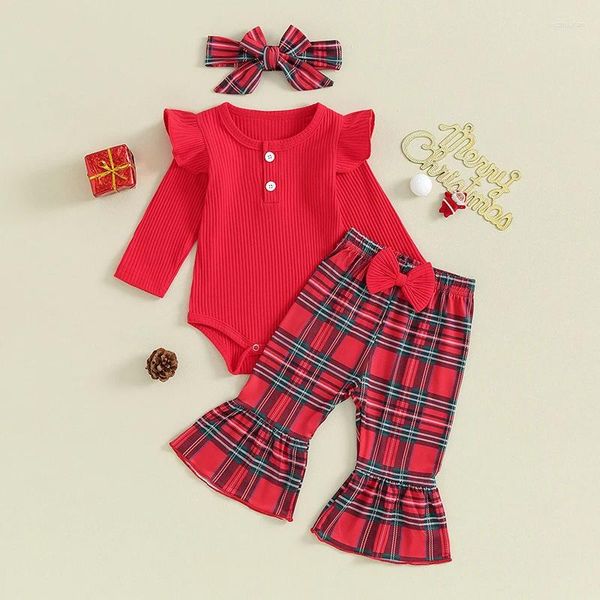 Ensembles de vêtements pour bébés filles 3 pièces tenues de Noël à manches longues à manches longues et pantalons évasés à carreaux élastiques