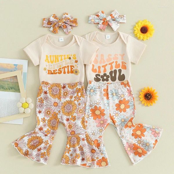 Ensembles de vêtements pour bébés filles, tenues 3 pièces, barboteuse à manches courtes avec motif de fleurs, pantalon évasé et bandeau