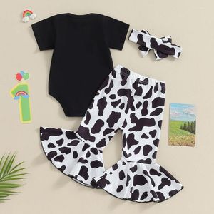 Ensembles de vêtements pour bébés filles, 3 pièces, pantalon à manches courtes, lettre imprimée vache, bandeau évasé