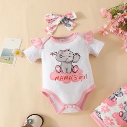 Kledingsets Baby Meisjes 3-delige zomeroutfit Korte mouw Olifantprint Romper Shorts Hoofdband Set Geboren kleding