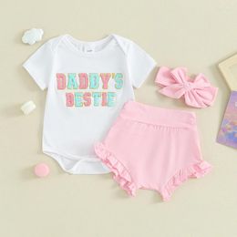 Kledingsets Baby Meisjes 3-delige zomeroutfit Korte mouw Briefborduurwerk Romper Shorts Hoofdband Set Geboren kleding