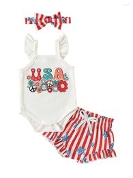 Kledingsets Baby Meisjes 3-delige zomeroutfits Mouwloze ruches Romper Watermeloen Gestreepte shorts Hoofdbandset