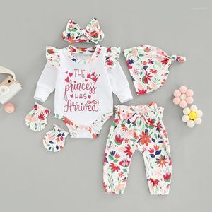 Ensembles de vêtements bébé filles 5 pièces tenues d'automne barboteuse à manches longues pantalon à fleurs bandeau chapeau gants ensemble