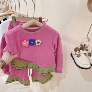 Ensembles de vêtements Ensemble de pull d'automne pour bébés filles 2023 Nouvelles filles mignonnes à manches à bulles haut à fleurs + pantalons à volants pour enfants 2 pièces costume de vêtements pour enfants 230927