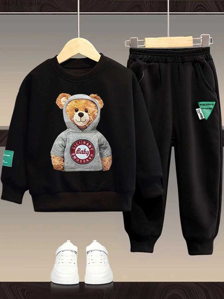 Juntos de ropa Baby Girl Girls Cartoon Bear Sweinshirt Pants Relling Spring Black manga larga Camiseta Top e inferior 2 piezas traje de chándal para niños T240415