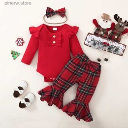Ensembles de vêtements Vêtements de Noël pour bébés filles Tenues pour enfants Tenues à manches longues côtelées avec pantalon évasé à carreaux et bandeau à nœud Ensembles de costumes pour nourrissons