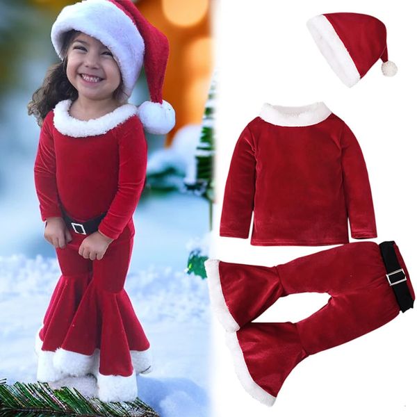 Ensembles de vêtements Bébé Filles Vêtements de Noël Tenues pour enfants Costume de Père Noël à manches longues Top Pantalons Chapeaux 3PCS Ensemble Année Vêtements de fête 231120