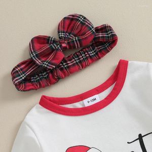 Kledingsets Baby Girls Christmas Outfit Letters met lange mouwen Print Romper met elanden plaid Suspender jurk en hoofdband