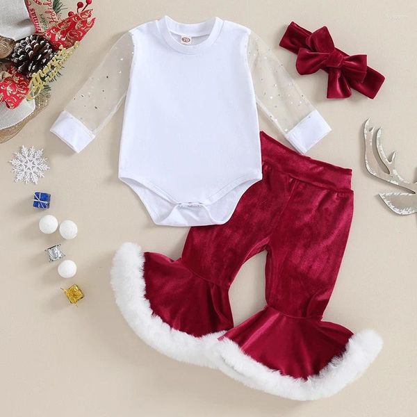 Ensembles de vêtements Bébé Filles Tenue de Noël Tenue à manches longues Étoiles Barboteuse avec pantalon évasé en patchwork de fourrure et bandeau Ensemble de Noël pour bébé