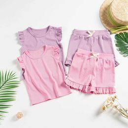 Kledingsets babymeisjes kleding 2 stks zomer outfits pakken voor kinderen ruches mouw t-shirt en shorts kinderen H240423