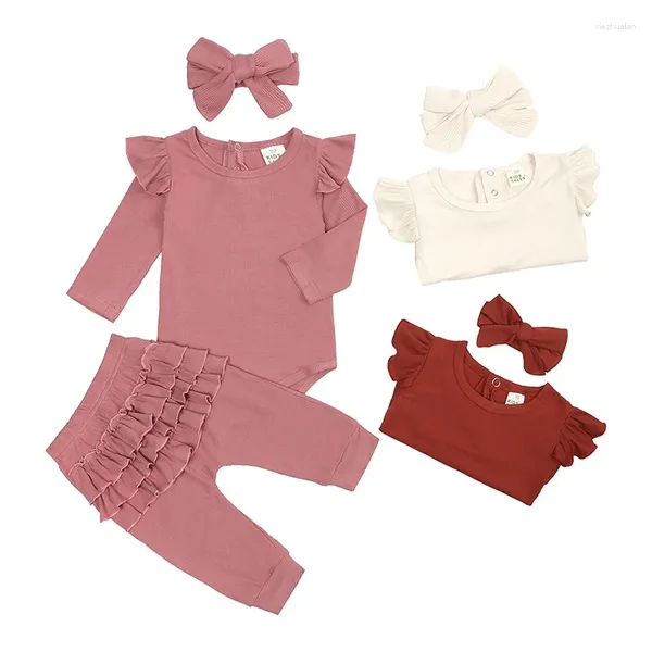 Ensembles de vêtements pour bébés filles, 3 pièces, costumes décontractés à manches longues, body, bandes de cheveux, pantalons en coton, collants, automne