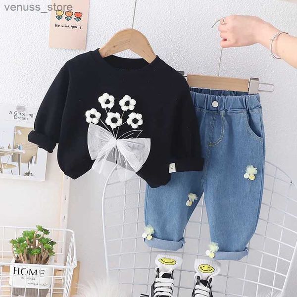 Ensembles de vêtements Bébé filles vêtements ensemble 2 pièces printemps et automne costume ensemble édition à la mode vêtements pour enfants fille bébé mignon pull jean ensemble