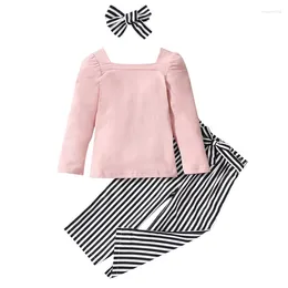 Ensembles de vêtements pour bébés filles ensemble à manches longues dessus et pantalon à rayures verticales avec bandeau de bande