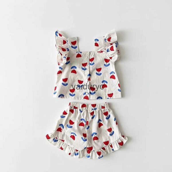 Ensembles de vêtements Bébé filles vêtements ensembles enfant en bas âge enfants chemise sans manches + short 2 pièces Costume fleur imprimé Costume vêtements pour enfants style coréenvaiduryc