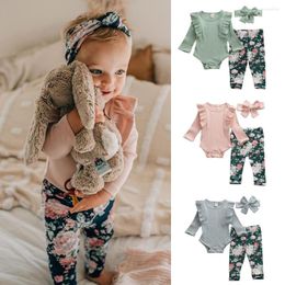 Kledingsets Babymeisjes Kleding Solid Color Rib Gebreide Romper Bodysuit Floral Pants Leggings Headband 0-24m Born baby Poddler Outfits