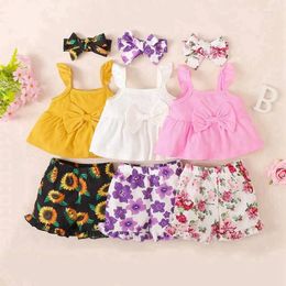 Kledingsets Babymeisjes Kleding Zomer Geboren mouwloos slipvest Bowknot Bloemprint Shorts Pakken Infant Peuter Outfits