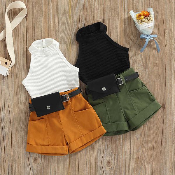 Conjuntos de ropa Ropa para niñas pequeñas Trajes de verano Sin mangas Halter Tops acanalados Pantalones cortos de color sólido Bolsa de cintura Ropa para niños