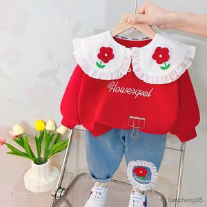 Kledingsets Babymeisjes Kledingsets Leer Kids Lace Floral Shirt Jeans Suits Infant Casual Desfits Outfits Kinder kostuum