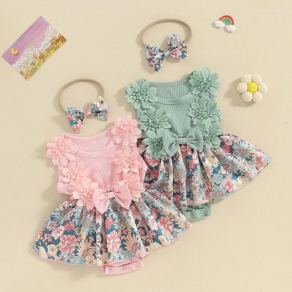 Ensembles de vêtements Baby Girls Col ras du cou sans manches Jupe à imprimé floral Ourlet Barboteuses pour bébés Robe avec bandeau Été 2 pièces Ensemble pour 0-24 mois